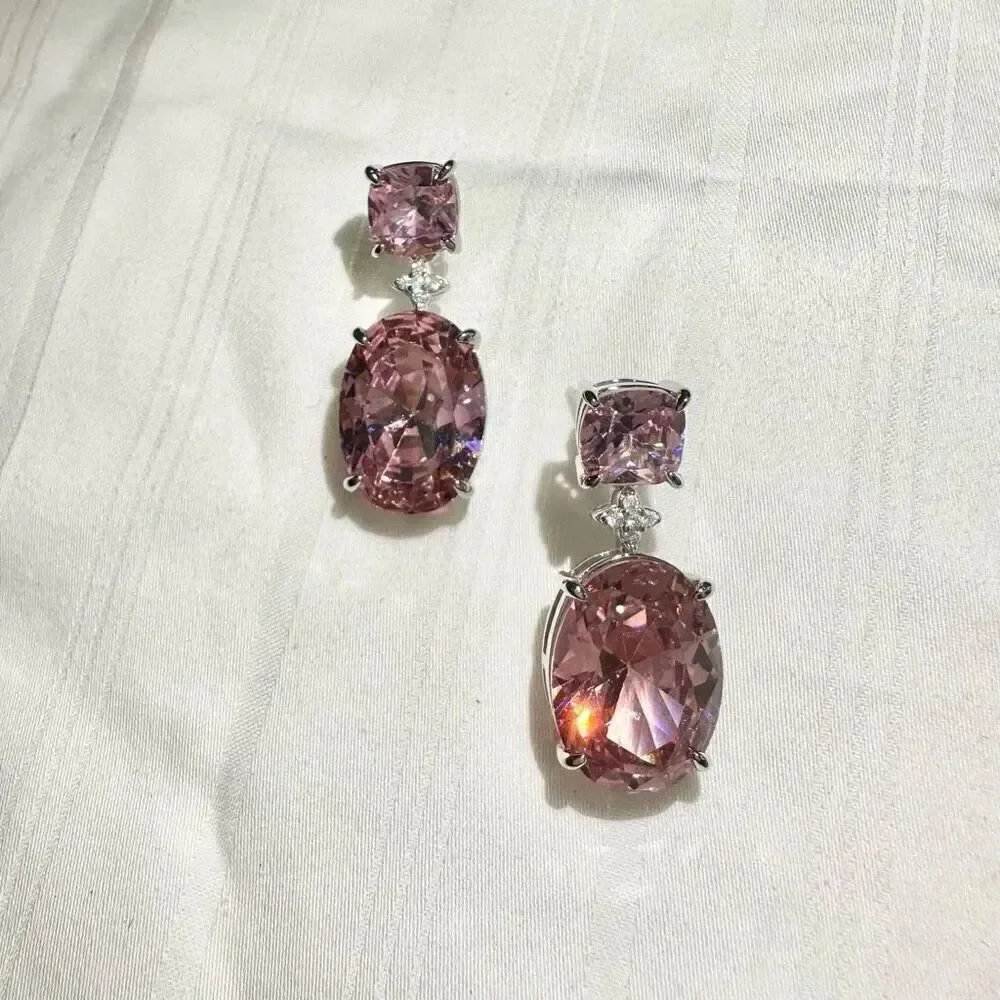 Super sparkly light pink cubic zirconia double oval dangle earrings with flower